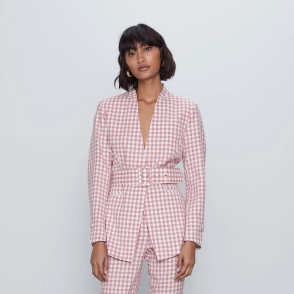 Zara Gingham Lapel-less Belted Blazer XS